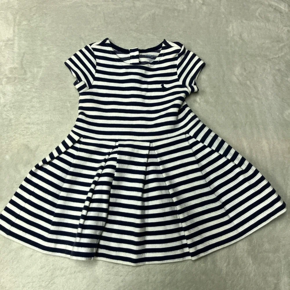 Ralph Lauren Dress Fit and Flare Striped Pleated Navy White Pony Girls 12M